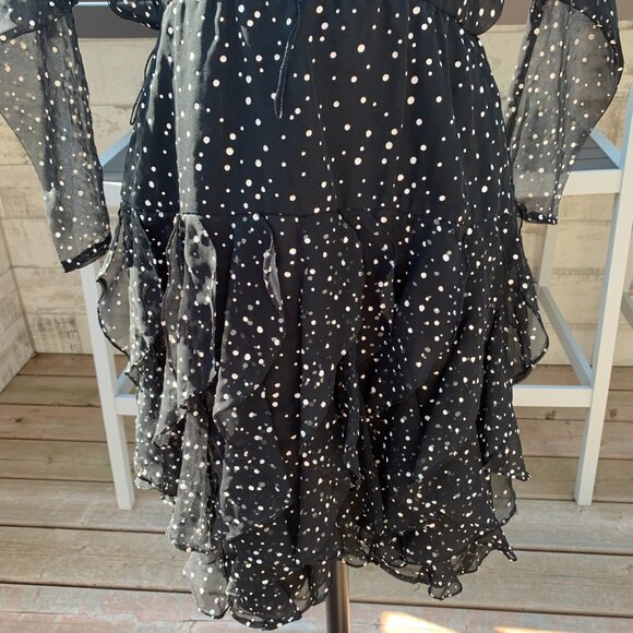 Vintage 80s 90s Sheer Polka Dot Overlay Tiered Ruffle Skirt Dolman Sleeve Dress - Picture 4 of 16